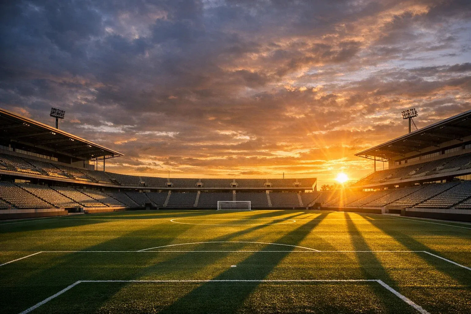 Sonnenaufgang über einem Fussballstadion symbolisiert den neuen Spieltag