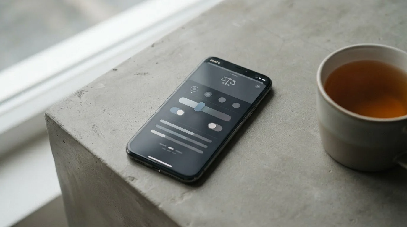 Smartphone mit Einstellungsbildschirm für Limits und Kontrolloptionen auf ruhigem Hintergrund