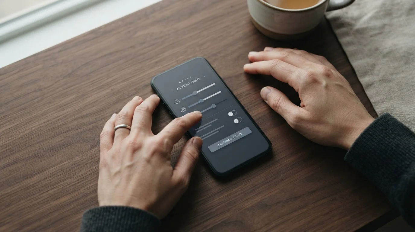 Hände stellen auf dem Smartphone ein Einzahlungslimit ein