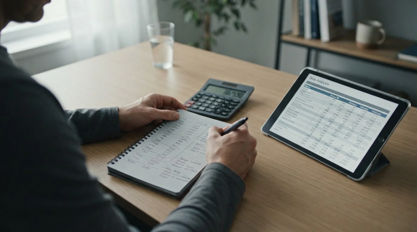 Calculator und Notizen mit Margen-Berechnungen auf Schreibtisch