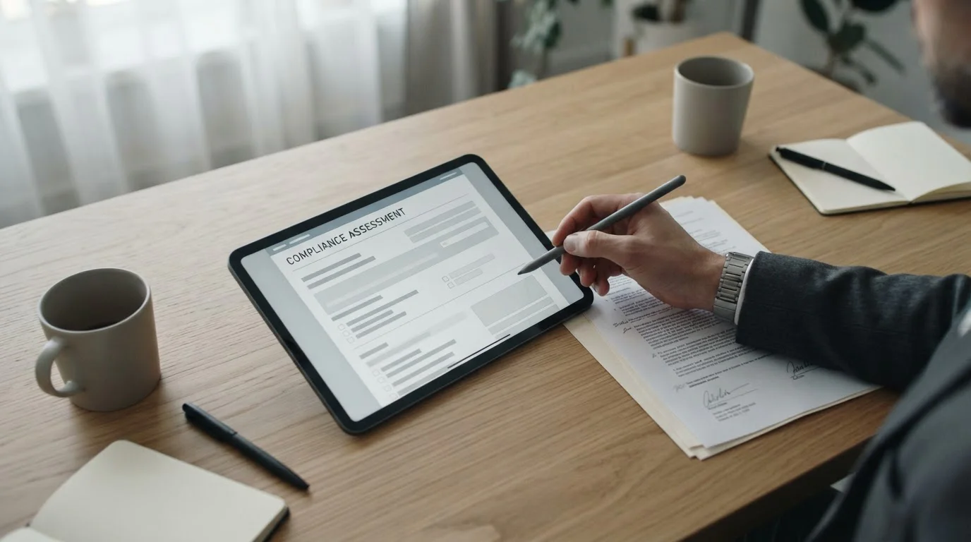 Dokumente und Tablet mit Verifizierungsformular auf Schreibtisch