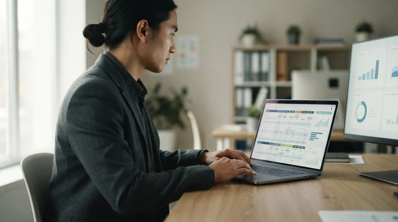 Person analysiert verschiedene Wettanbieter am Computer mit neutralen Interface-Darstellungen