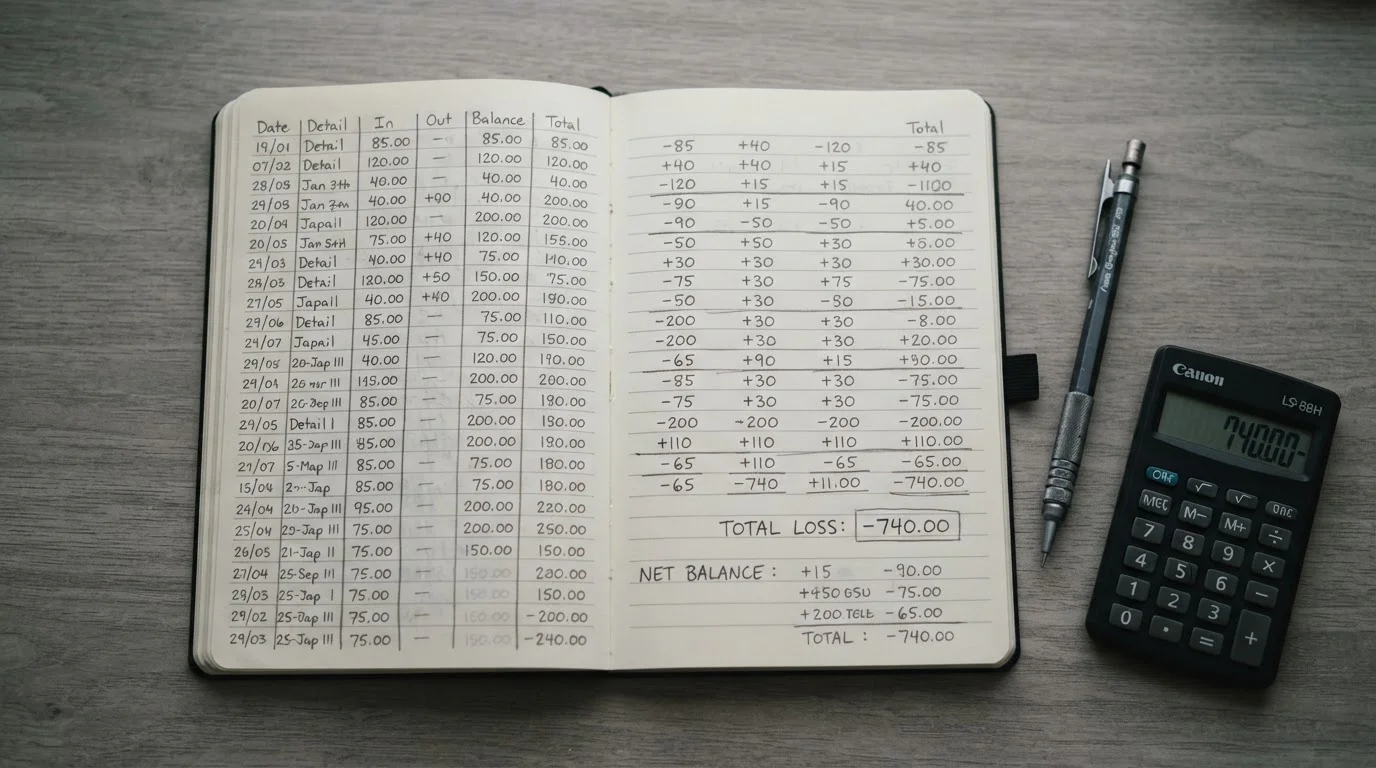 Notizbuch mit Gewinn-Verlust-Rechnung und Taschenrechner