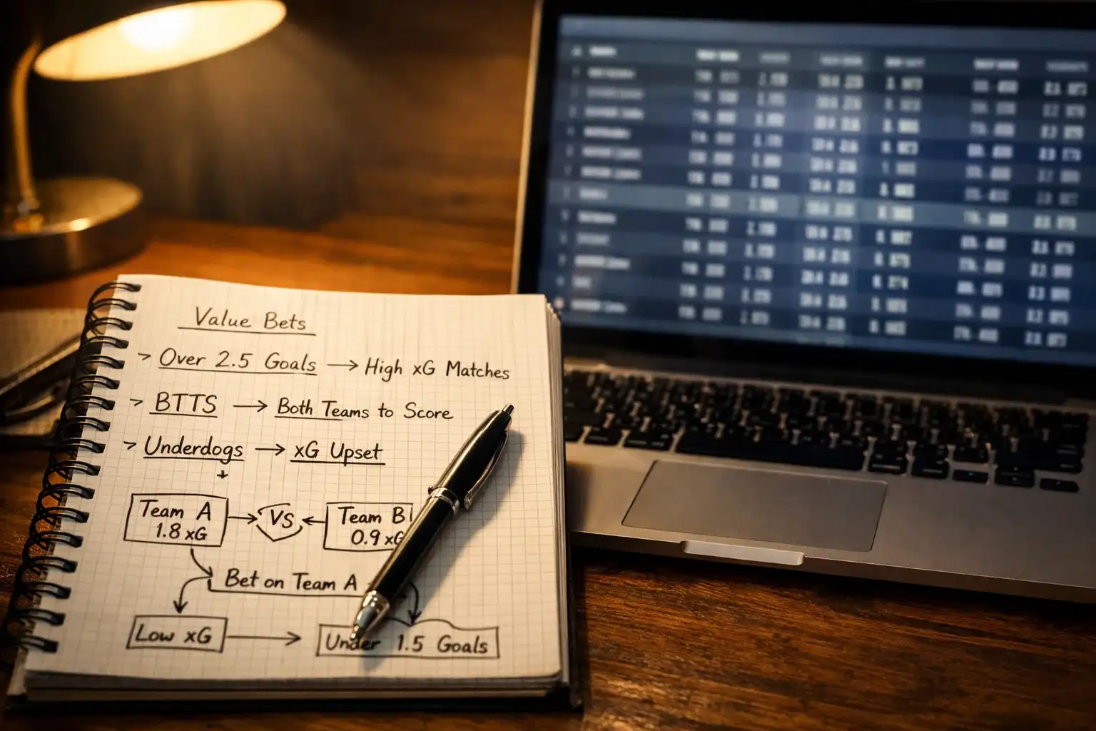 Notizbuch mit handgeschriebenen Wettstrategien neben Laptop mit xG-Daten
