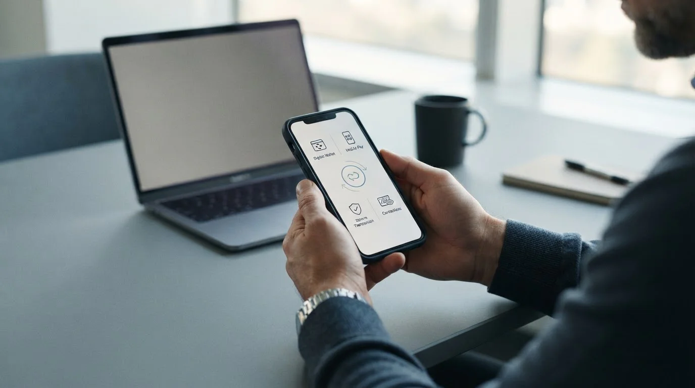 Digitale Zahlungsabwicklung auf Smartphone mit verschiedenen Zahlungsoptionen