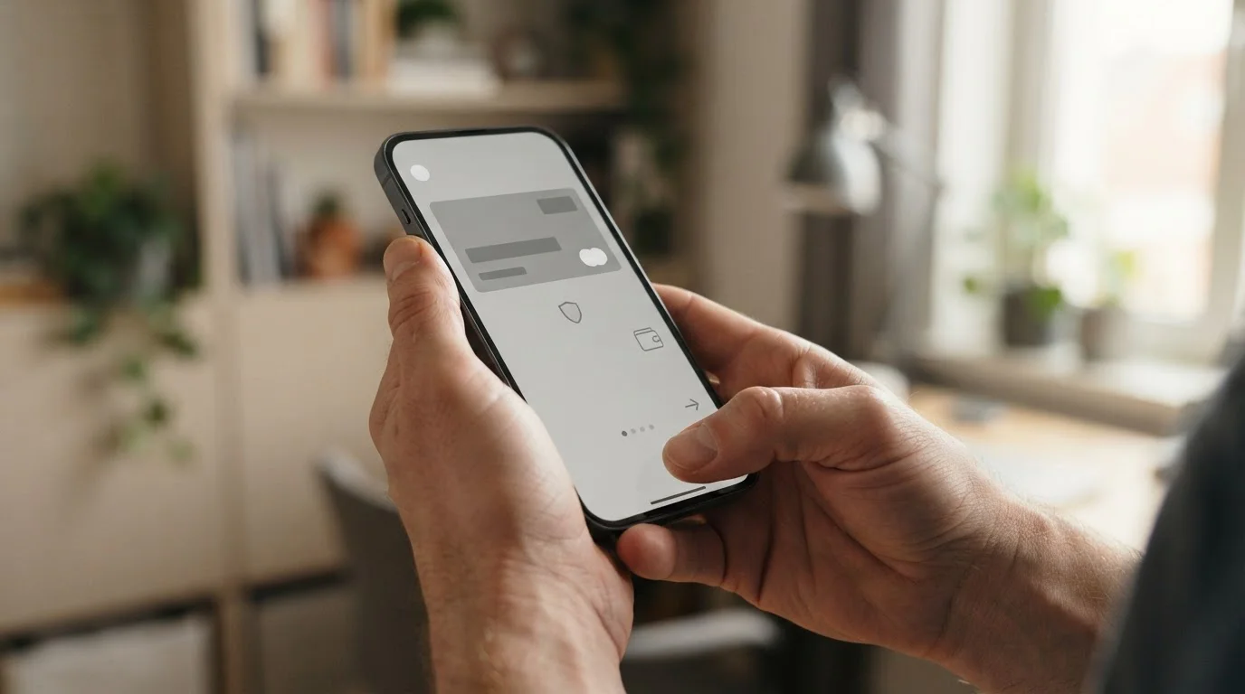 Hand hält Smartphone mit neutraler Zahlungs-Oberfläche in gedämpftem Licht