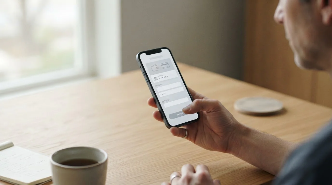 Smartphone zeigt Auswahl verschiedener Zahlungsmethoden auf neutraler Oberfläche