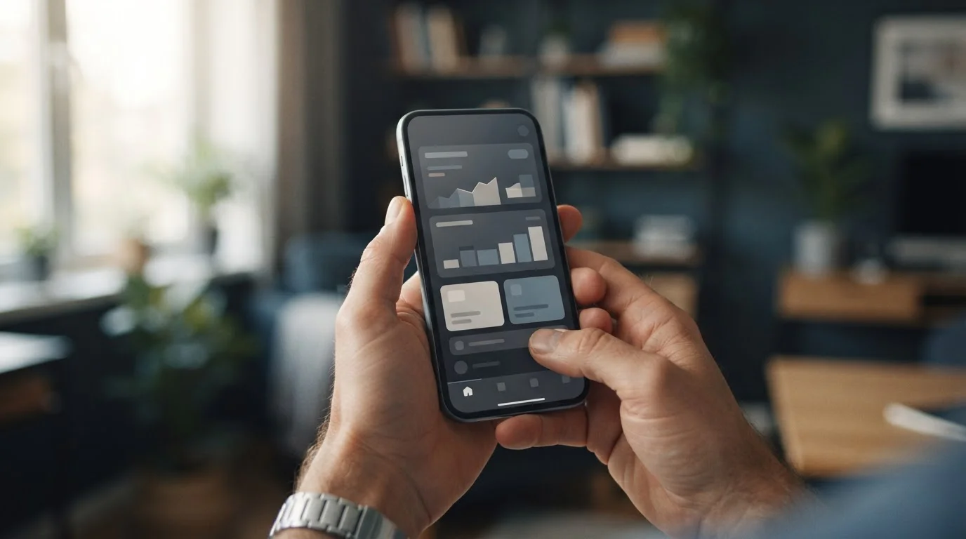 Hand bedient Smartphone mit neutraler Banking-App-Oberfläche für Ein- und Auszahlungen