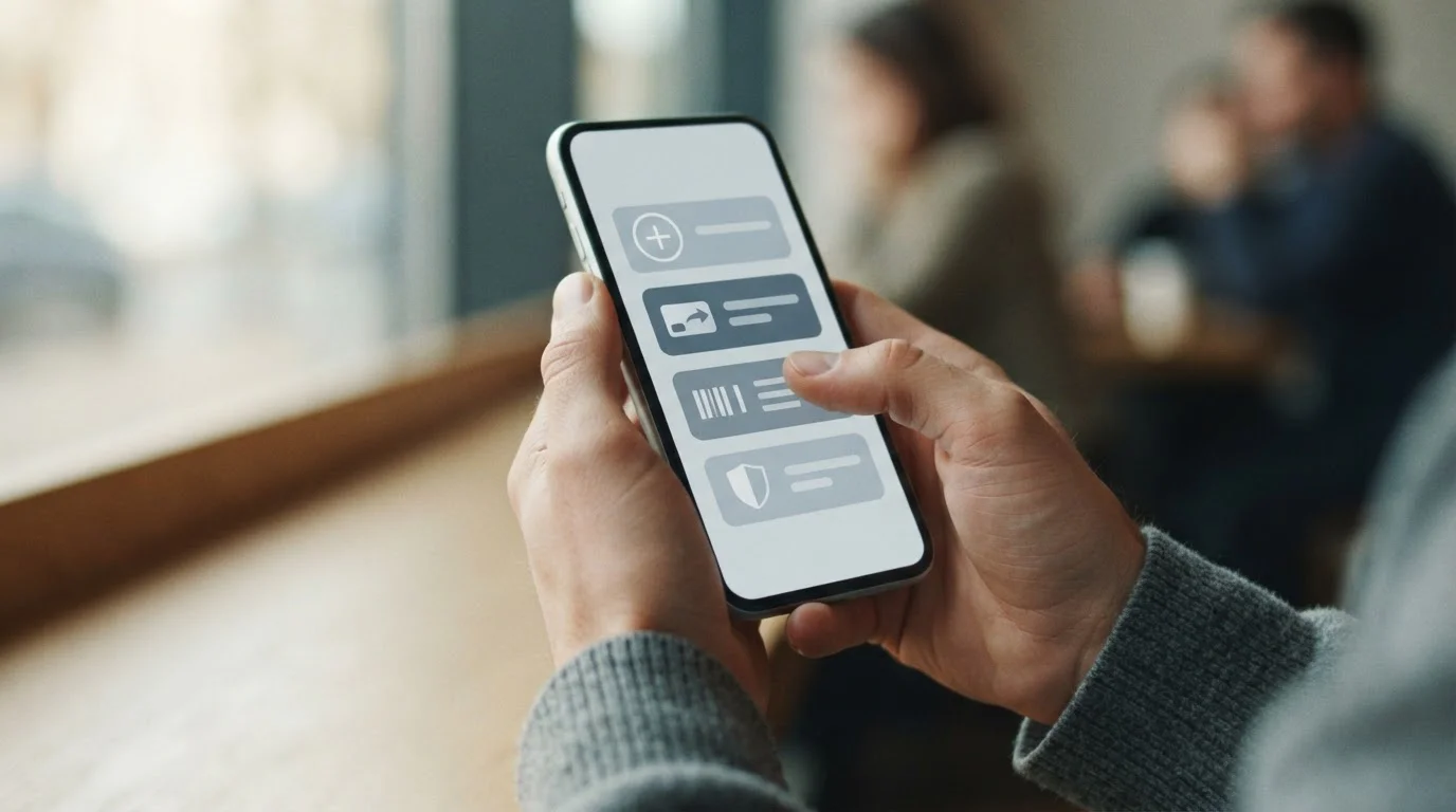 Smartphone zeigt verschiedene digitale Zahlungsoptionen in einer neutralen App-Oberfläche