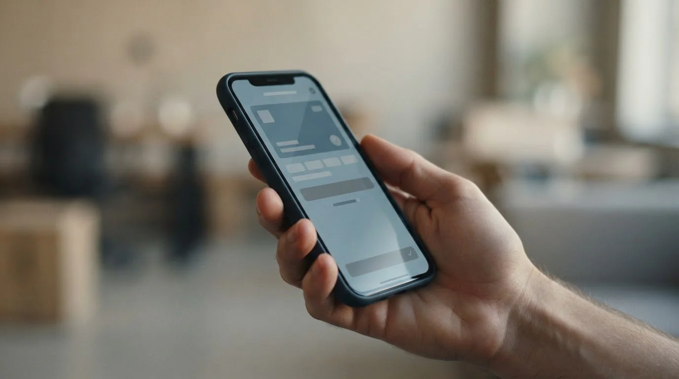 Smartphone mit abstraktem Bezahlfenster symbolisiert moderne Zahlungswege bei Wettanbietern